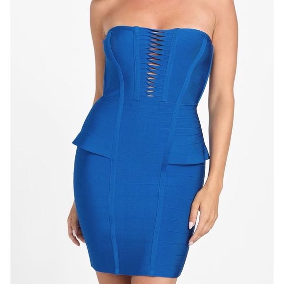 Marciano By Guess Elena Strapless Bandage Dress Blue Peplum Bodycon‎ Sz 6  EU 42 - Picture 3 of 14